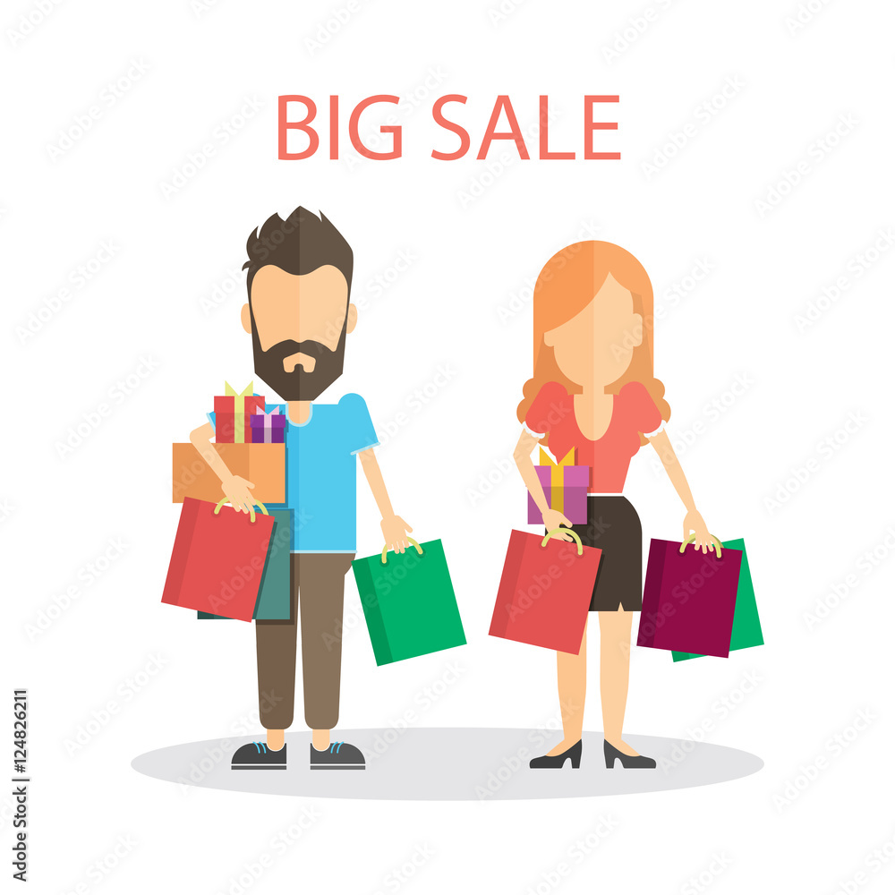 Big sale concept. Isolated couple with many colorful shopping bags standing on white background. Big sale concept. Isolated couple with many colorful shopping bags standing on white background.