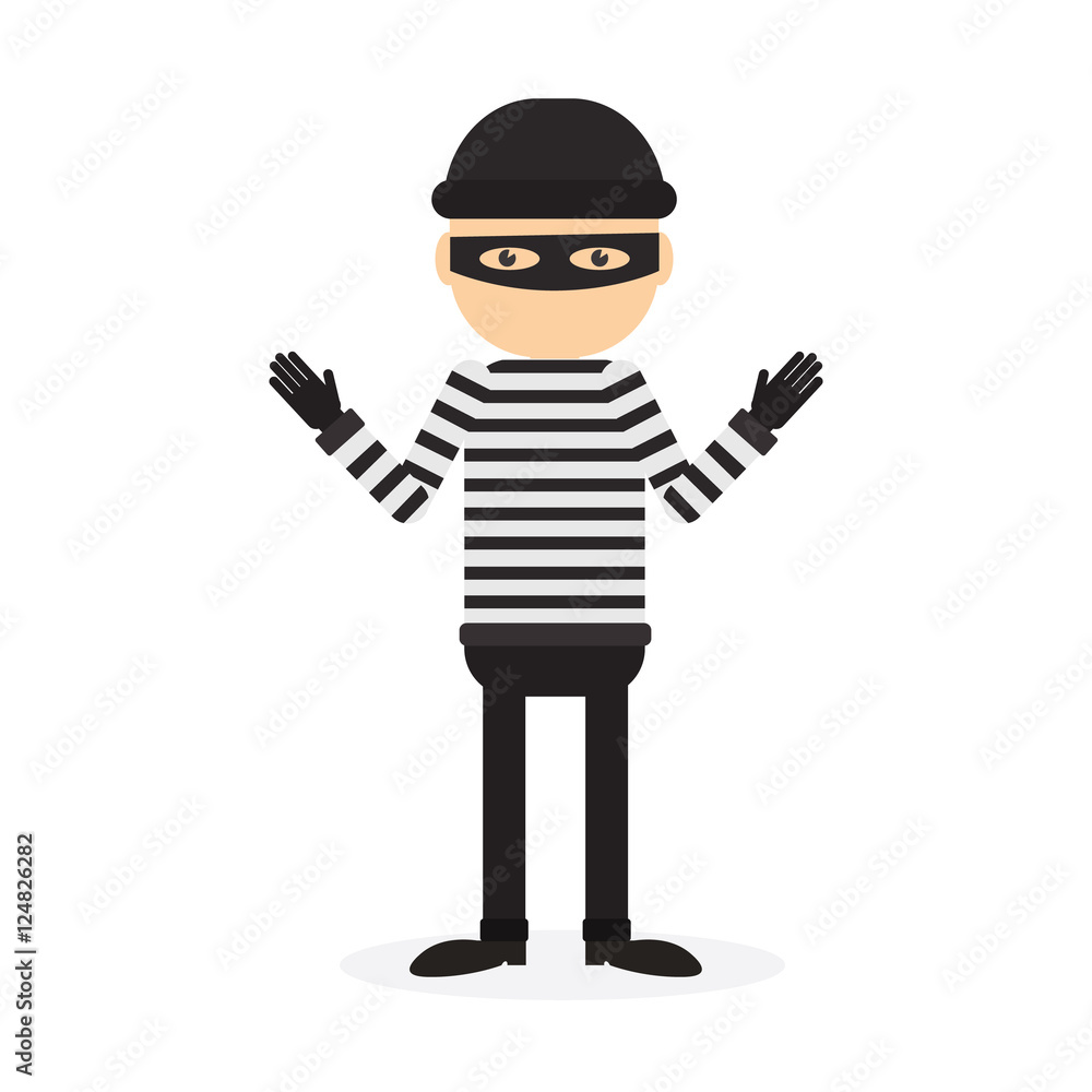 Isolated criminal person on white background. Cartoon robber or thief with striped outfit and mask.