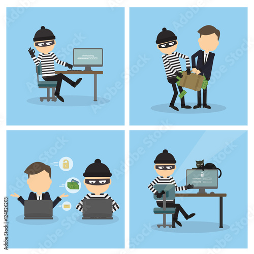 Criminal hacker set. Funny cartoon thief in black mask stealing information from laptop. Concept of fraud, cyber crime. Money stealing.