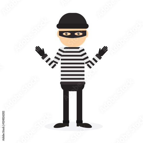 Isolated criminal person on white background. Cartoon robber or thief with striped outfit and mask.