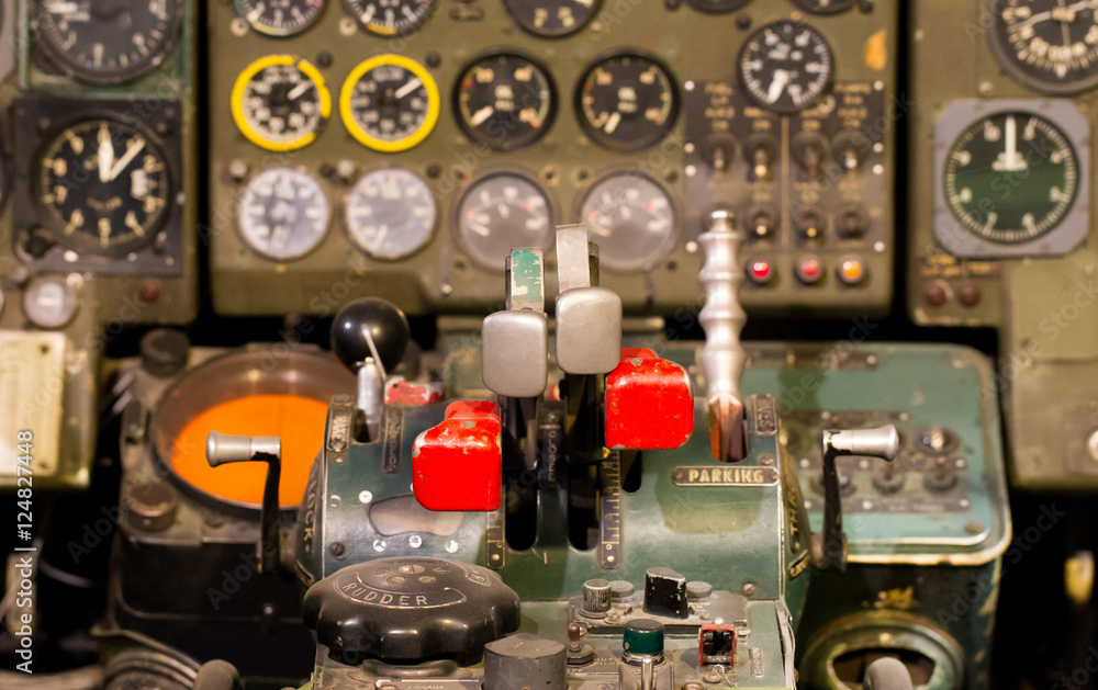 Center console and throttles in airplane Center console and throttles in airplane