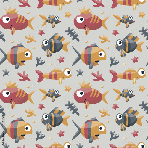Marine cute seamless pattern with fishes, algae, starfish, coral, seabed, bubble for kids