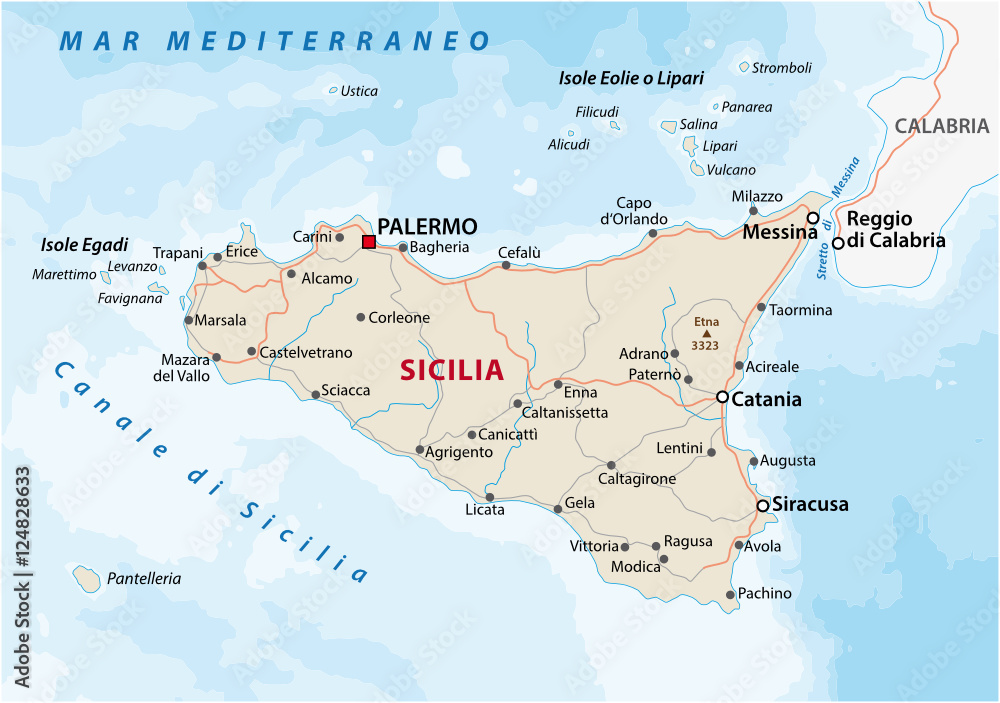 Road map of the italian mediterranean island Sicily