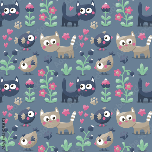 Seamless cute winter pattern made with cats, flowers, plants, footmark, hearts, berries
