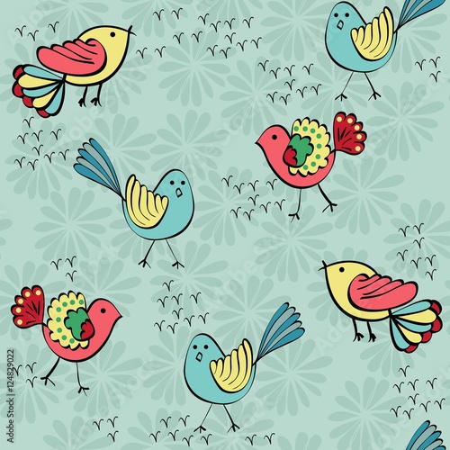 Vector Seamless pattern with cute cartoon bird. © Tapilipa