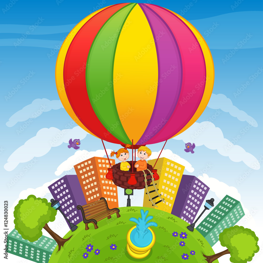 Fototapeta premium chłopak i dziewczyna na balonem - ilustracja wektorowa eps