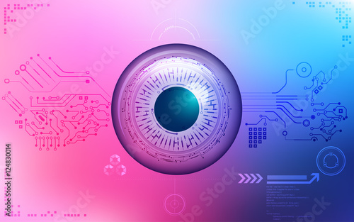 eye symbol in electronical looks, blueprint of an eye; abstract technology; abstract technology background; colorful electronic eye