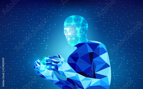 scientific analysis; futuristic background; abstract technology background; blue digital theme; polygon man in technological looks; low poly human in teachnological looks