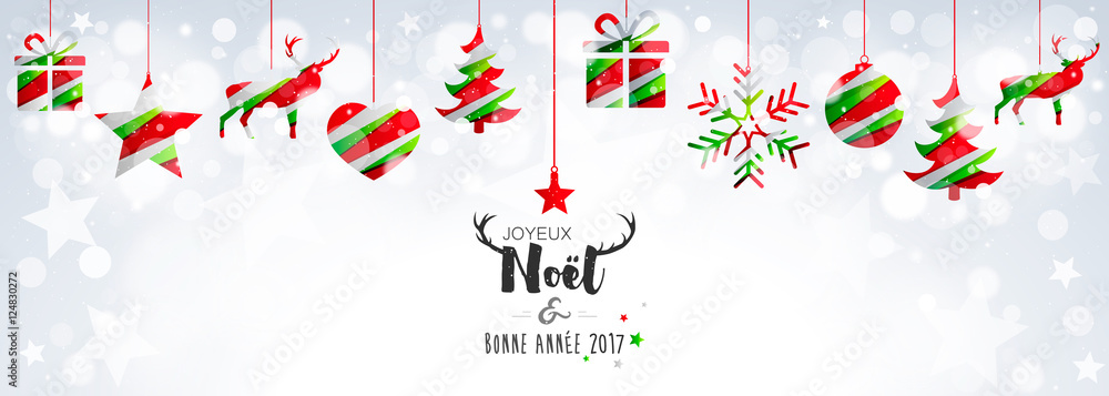 Carte de vœux avec décorations de Noël vert et rouge