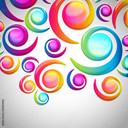 Abstract colorful spiral arc-drop pattern on a light background.