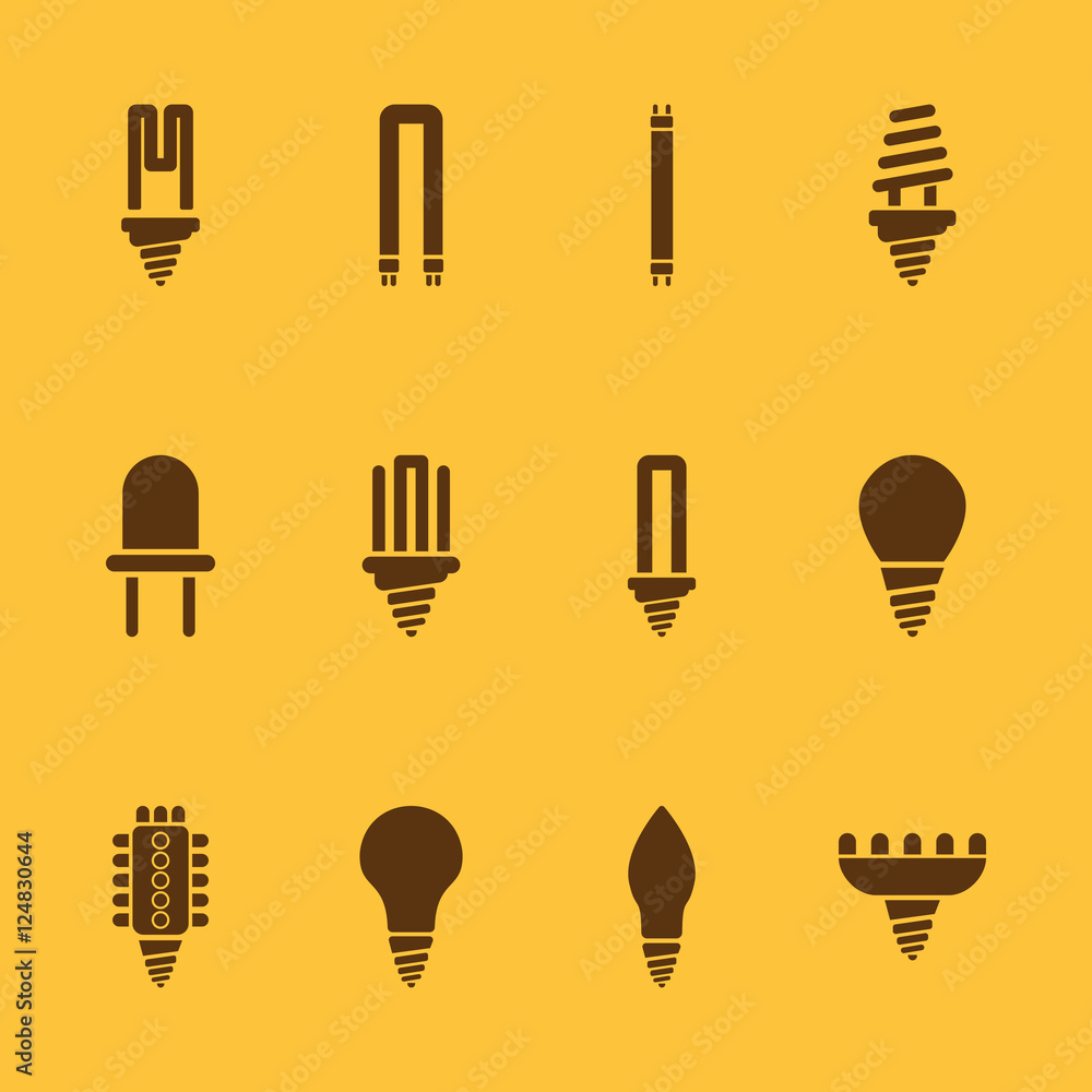 The light bulb icon, set of 12 icons. Lamp and bulb, lightbulb symbol.UI. Web. Logo. Sign. Flat design. App. The light bulb icon, set of 12 icons. Lamp and bulb, lightbulb symbol.UI. Web. Logo. Sign. Flat design. App.