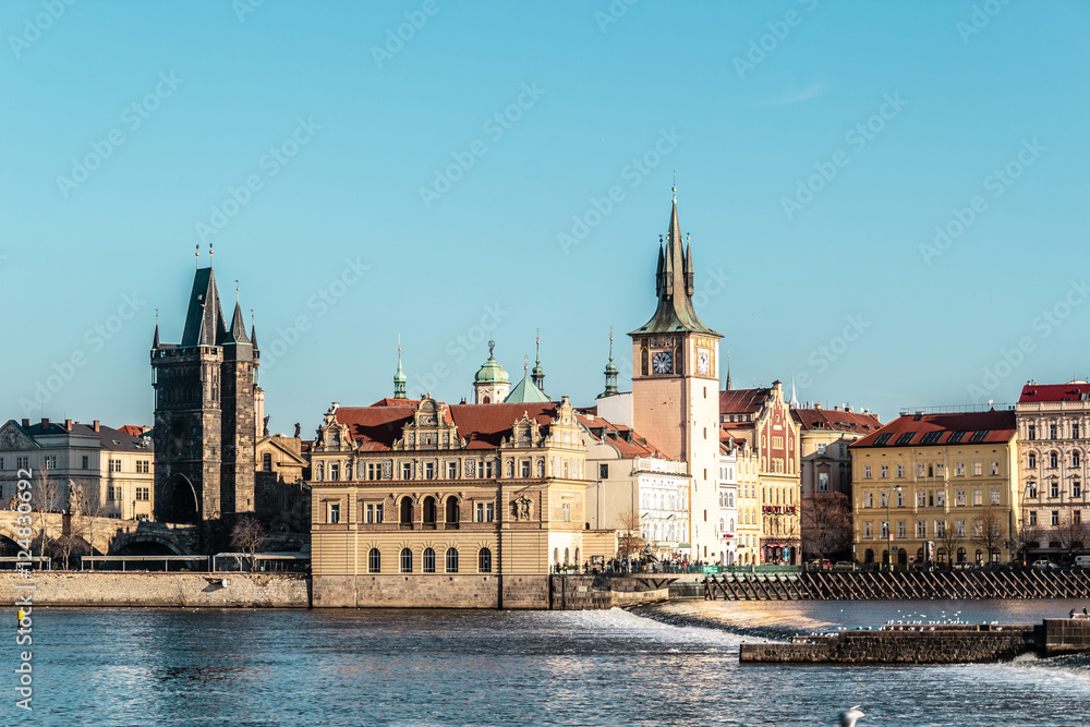Naklejka premium Buildings and Streets near Vltava River in Prague, Czech Republi