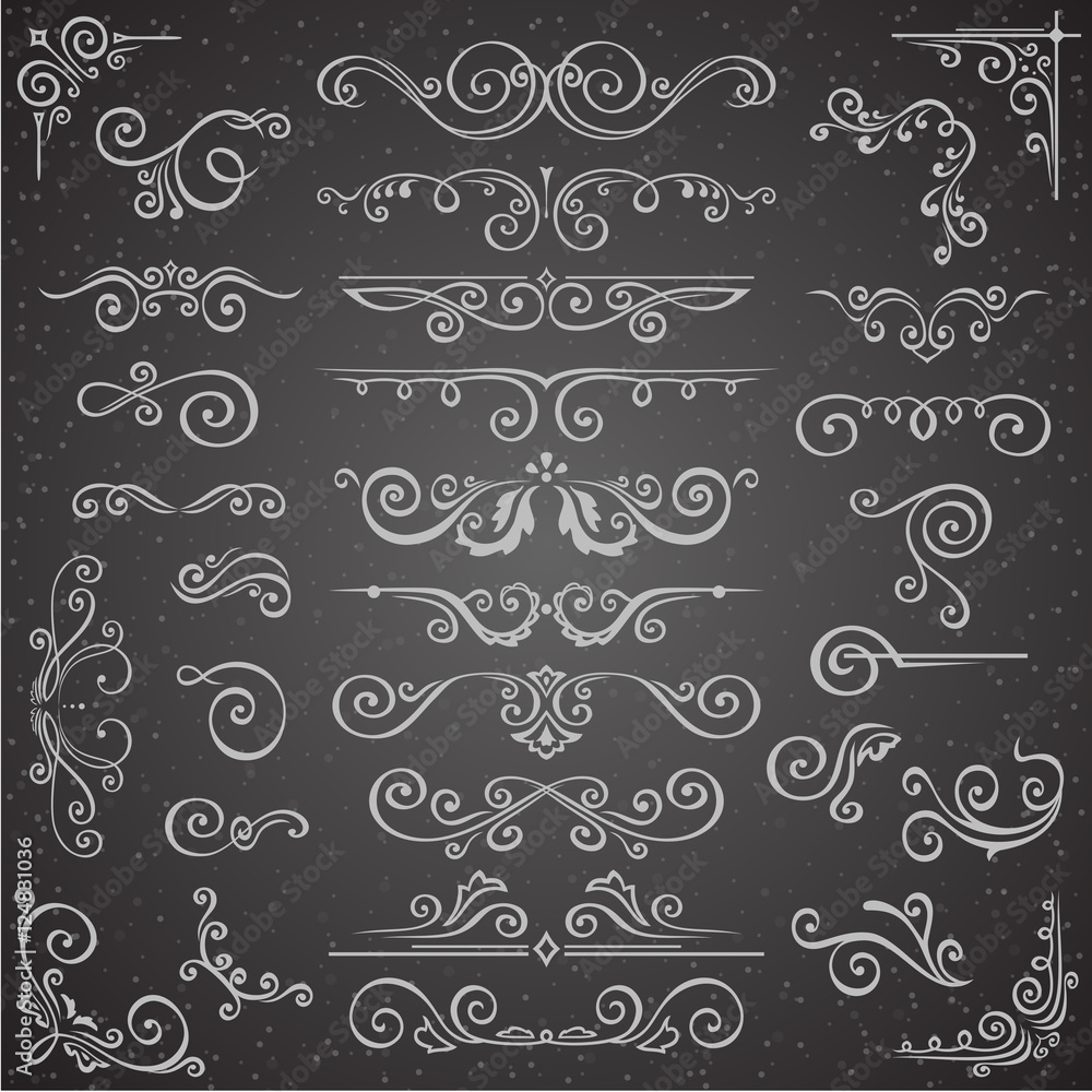 Dark Vector set of Swirl Elements for Frame Design. Calligraphic page decoration, Labels, banners, antique and baroque Frames floral ornaments. Wedding