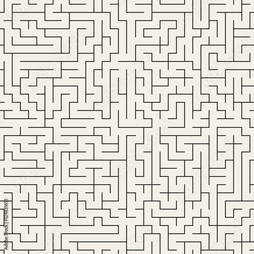 Vector Seamless Black and White Thin Lines Irregular Maze Pattern