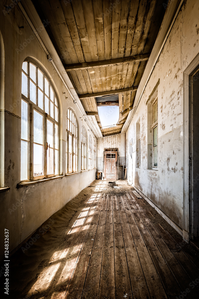 Abandoned hallway in the ghost town of Kolmanskop, Namibia