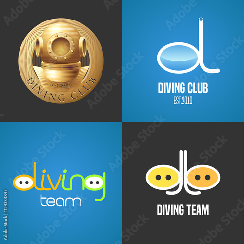 Set of diving, snorkeling vector icons, sign, symbol, emblem, logo