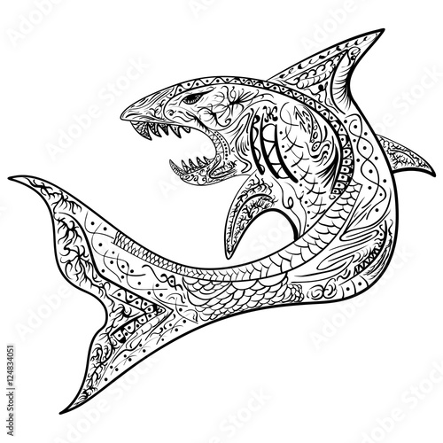 Hand-drawn shark with ethnic doodle pattern. Coloring page - zendala