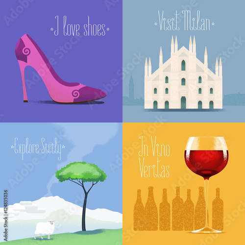 Set of vector posters, flyers, postcards, design, illustration for Italy