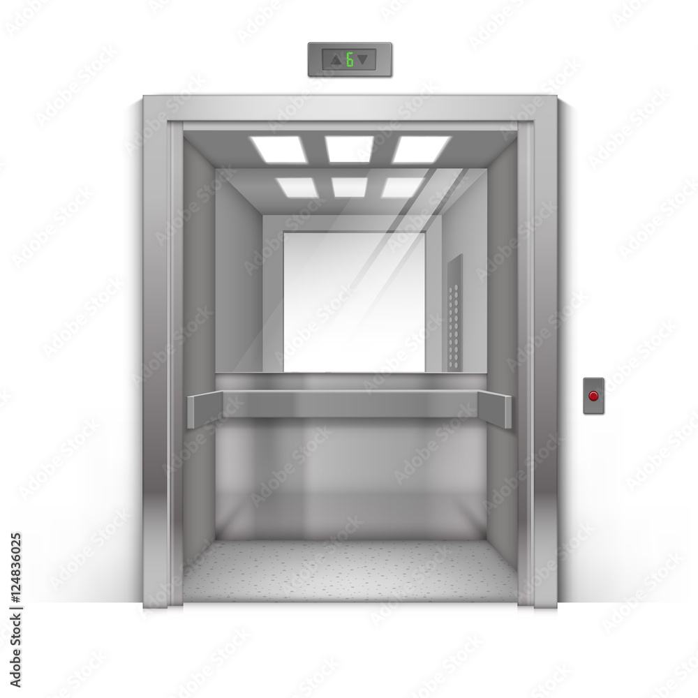 Vector Open Chrome Metal Office Building Elevator with Mirror Isolated on Background