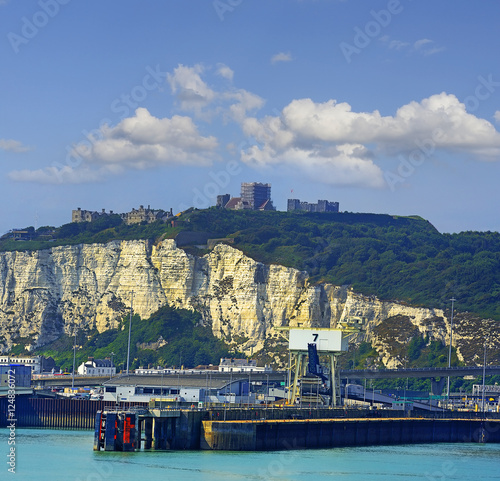 Dover harbor, white Cliffs and castle of Dover, England, United Kingdom photo