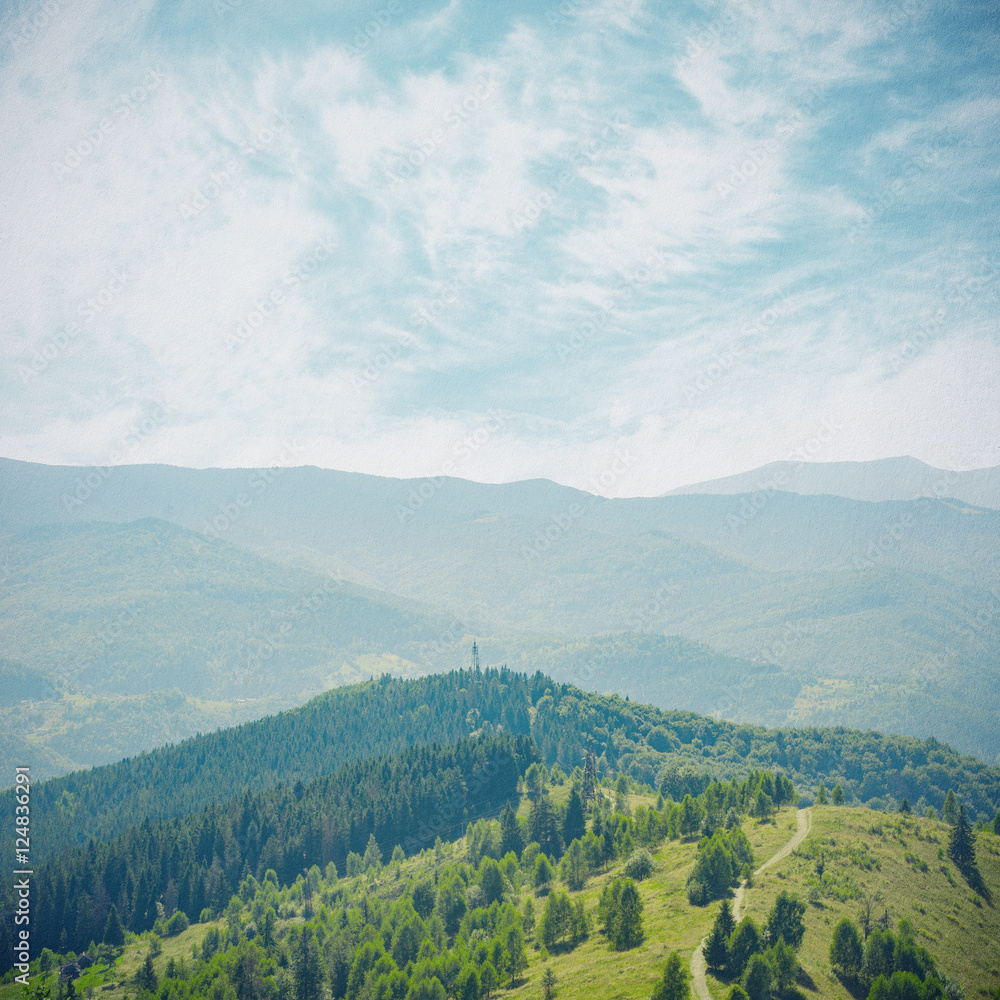Fototapeta premium Fairy Tale Forest in Retro Style. Paper Vintage Textured. Mountain Landscape, Nature background