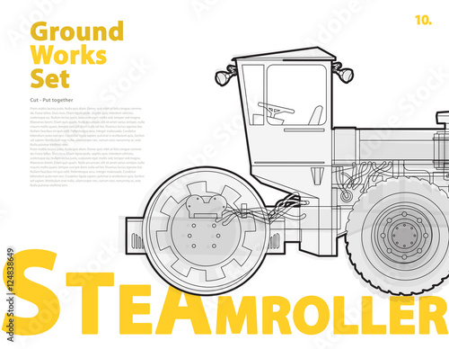 Road steamroller truck. Outline typography set with roadroller. Construction machinery vehicle. Asphalt straighten machine. Construction equipment for building. Ground work catalog typography page set