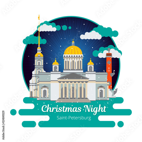 Christmas night in Saint-Petersburg. Flat cityscape. Vector illustration.