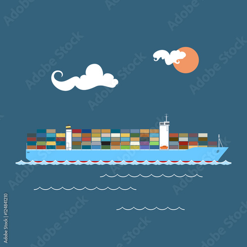 Cargo Container Ship at Sea , Industrial Marine Vessel with Containers on Board, International Freight Transportation, Vector Illustration