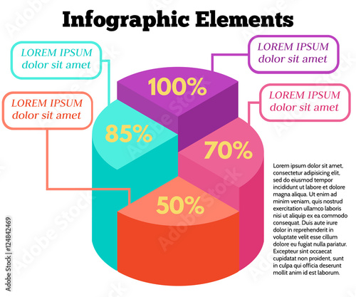 Isometric Vector Infographic Elements. Business Pie Chart on White Background.  Colorful circle diagram with different percentage.
