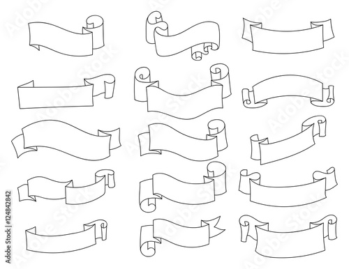 Set of clean vintage hand drawn ribbons, isolated on white background. Vector illustration