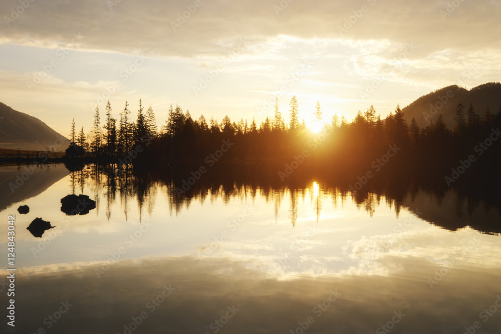 the sun rises over the trees on a lake - obrazy, fototapety, plakaty 
