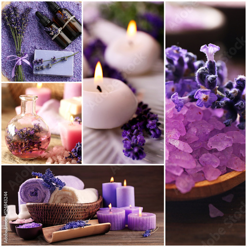 Collage of lavender spa. Beauty treatment concept.