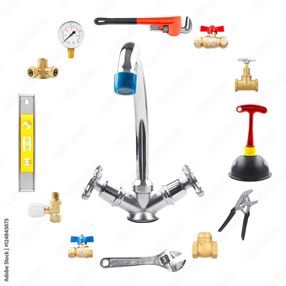 Fototapeta premium Set of plumbing equipment on white background