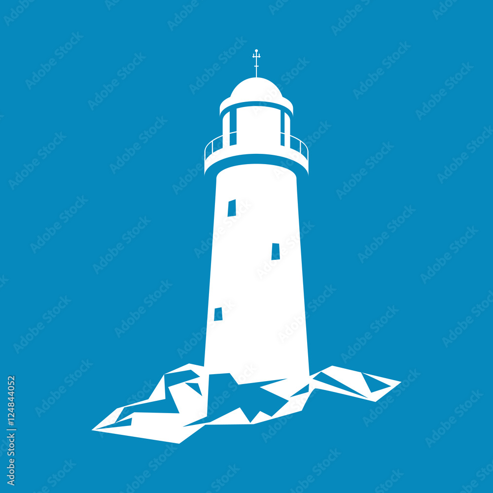 Lighthouse, Beacon Isolated on Blue Background, Lighthouse Stands on Rocks, Vector Illustration Lighthouse, Beacon Isolated on Blue Background, Lighthouse Stands on Rocks, Vector Illustration
