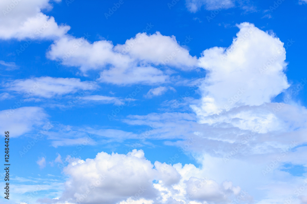 Fototapeta premium Blue sky background with white clouds and rain clouds. The vast blue sky and clouds sky on sunny day. White fluffy clouds in the blue sky.