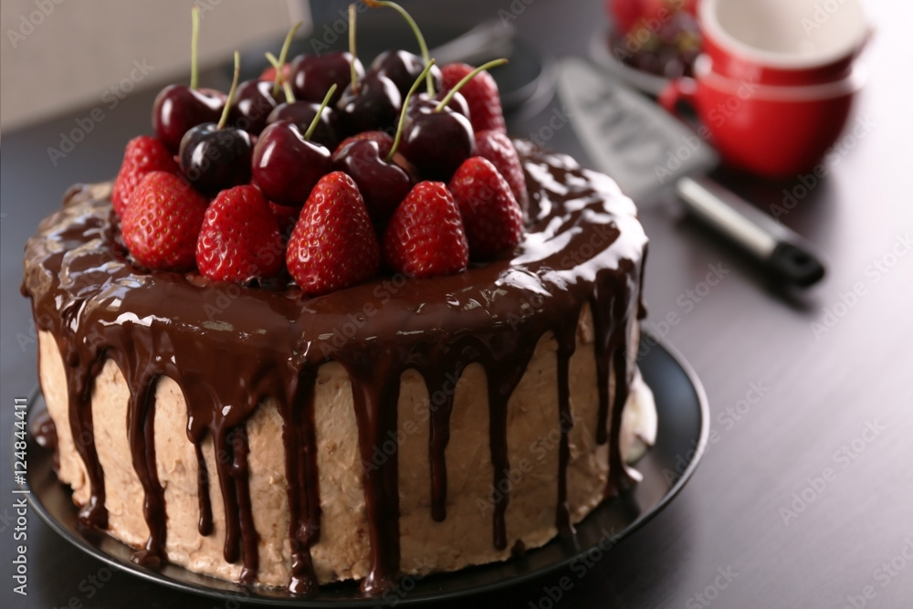 Delicious cake with cherry and strawberry on table Delicious cake with cherry and strawberry on table
