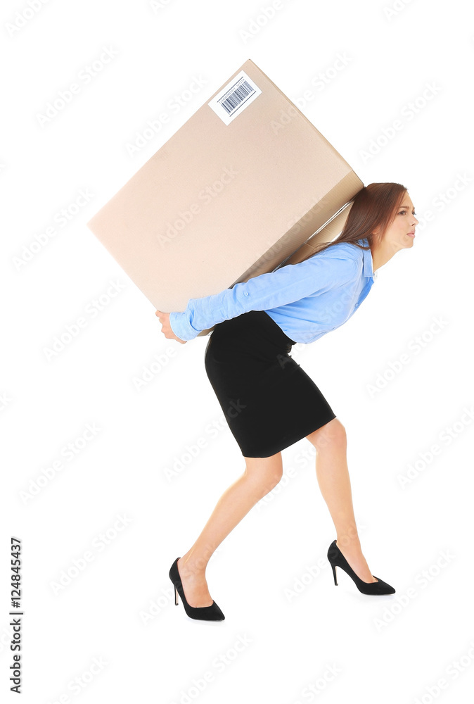 Beautiful businesswoman carrying heavy box on white background Beautiful businesswoman carrying heavy box on white background