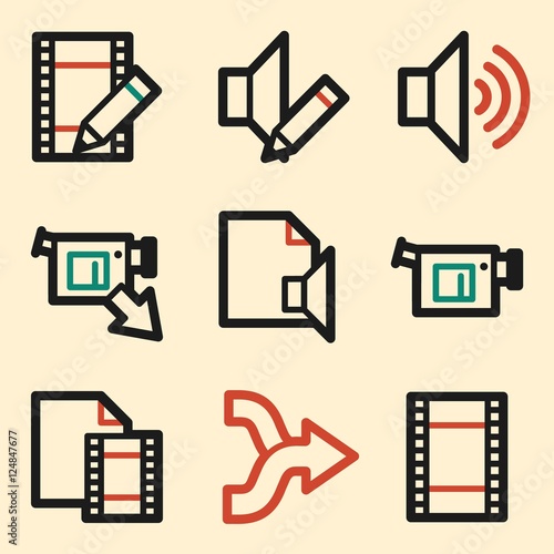 Audio video web icons, sound and cinema, music and player, stock
