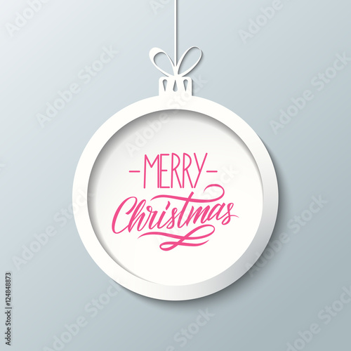 Merry Christmas greeting card with handwritten text design and christmas ball. Holiday hand drawn lettering. Vector illustration.