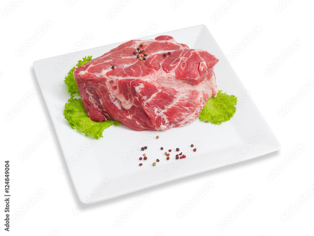 Piece of a fresh uncooked pork neck on square dish