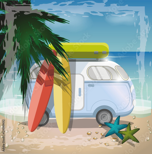 Summer concept with retro bus on the beach,vector