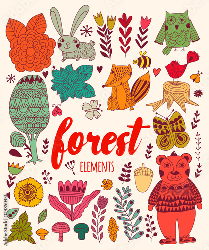 Vector forest elements in doodle childish style