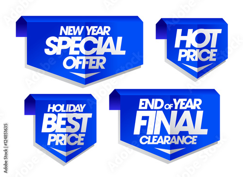 New year special offer, holiday best price, end of year final clearance, hot price holiday sale signs