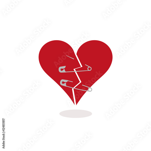 Safety Pins to Keep a Broken Heart Together. Trying to repair a stylized broken heart using two metallic safety pins. Illustration of a red heart broken in half and pierced by two safety pins.