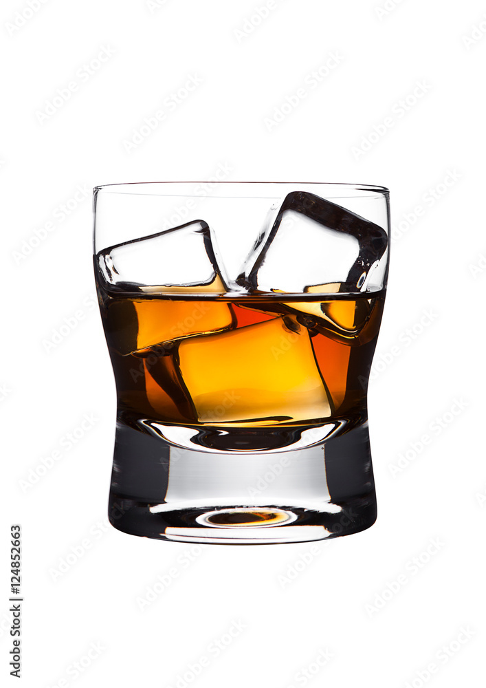 Glasss of whiskey with ice cubes isolated Glasss of whiskey with ice cubes isolated