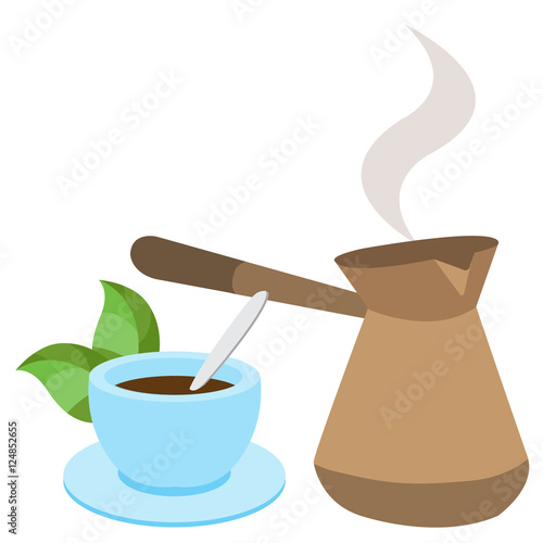 Turkish fresh hot coffee and a cup. Color illustration of drinks.