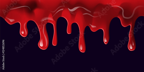 Dripping seamless blood border. Flow liquid, drip wet. Thick red ketchup or jam flow down Halloween concept: Blood dripping - Seamless Vector on black background