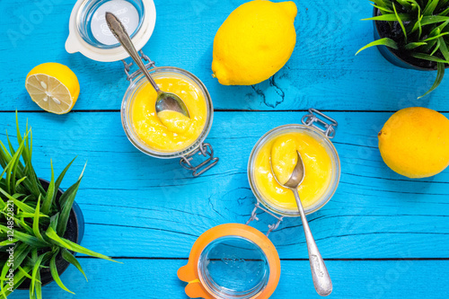 Homemade Lemon Curd in Jars, Top View