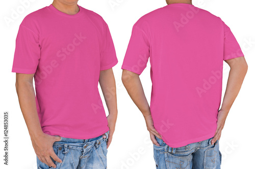 Man wearing soft pink color t-shirt with clipping path, front an