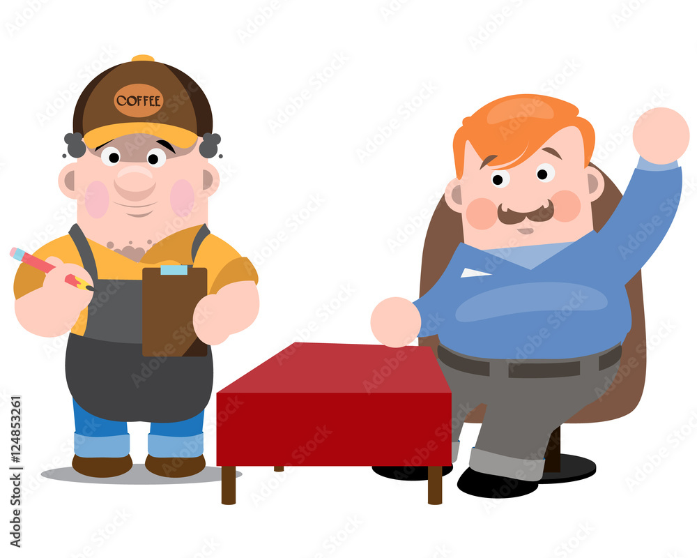 Cafeteria, the waiter and the customer. Two men in a cafe. The waiter brings order to the customer.
